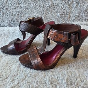 Ann Marina Bronze Alligator Snake Embossed Buckle Heeled Sandals‎ Size 8M
